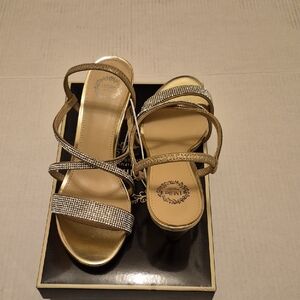 I Miller Gold Strappy 2 1/2 Inch Wedge Heels with Rhinestones Sz 8 & 8.5 Med